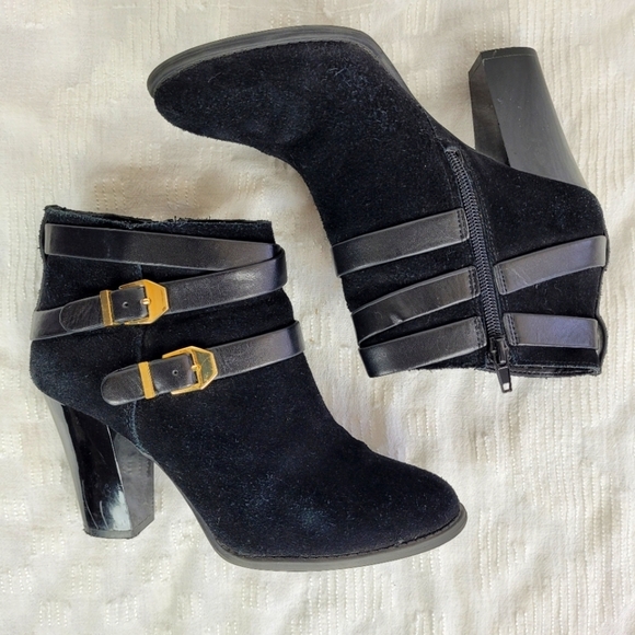 INC black suede boots ankle straps gold buckles patent heels dressy boho fancy 7 - Picture 4 of 10